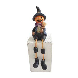 Pumpkin Head Scarecrow Figurine Shelf Sitter Resin Halloween Decor Dangle Legs